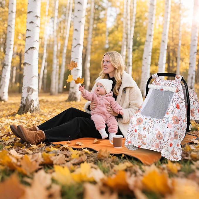Car Seat Cover Baby, Carseat Covers Baby with 2 Layers Breathable Zipper Windows, Windproof Infant Car Seat Cover, Kick-Proof Baby Carrier Cover for Baby Girl Newborn Essentials