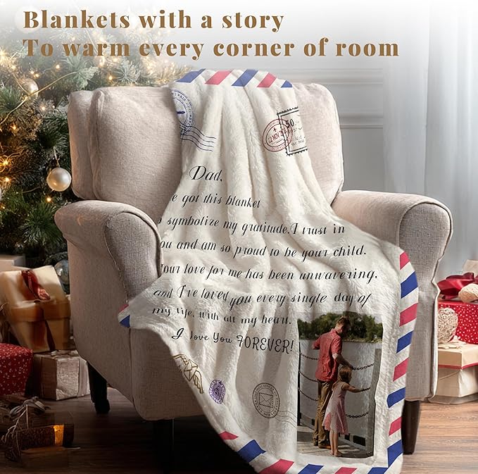 Personalized Fathers Day Birthday for Dad Custom Throw Blanket with Pictures, Customized Photo Blankets Gift for Daddy Men Grandpa Husband from Daughter Son Kids Wife (dad Letter)