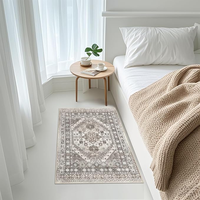 zesthome 2x3 Entryway Rug, Soft Washable Rugs, Non Slip Area Rug, Stain Resistant Low Pile Rugs for Bedroom, Vintage Rug for Door Mat, Kitchen (Brown/Beige,2'x3')