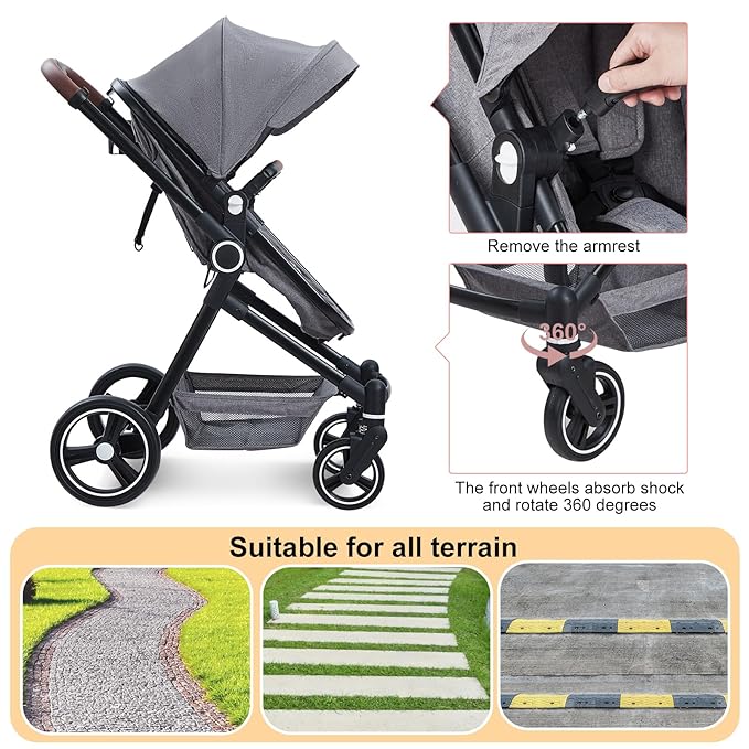 2 in 1 Baby Stroller for Toddler 0-3, Bassinet Stroller for Toddler with Large Storage Basket, Shock Absorbing，Stroller for Newborn with Removable Seat, Cup Holder，Stroller That Converts to Bassinet