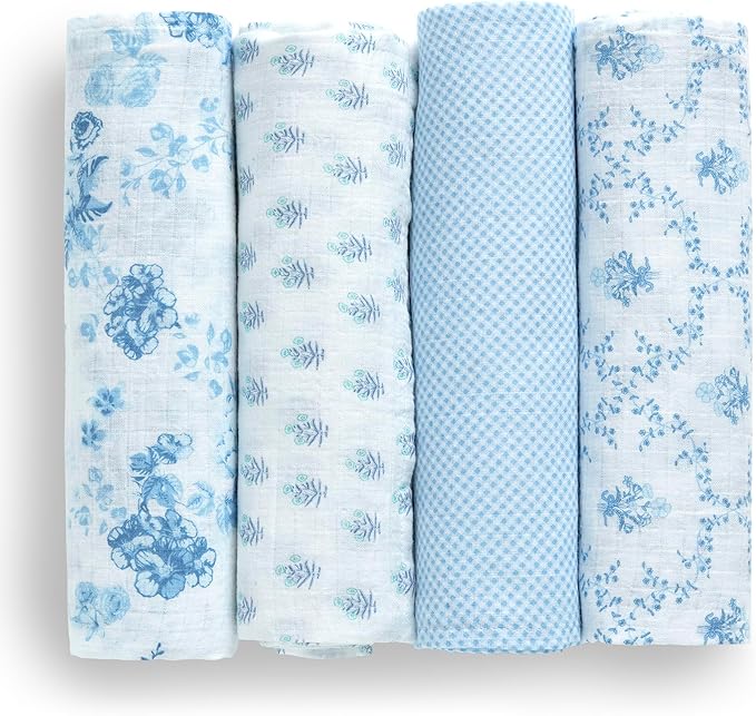 Delta Children 100% Cotton Muslin Baby Receiving Blankets for Girls and Boys – 47x47 Inches (Pack of 4), Blue Botanicals