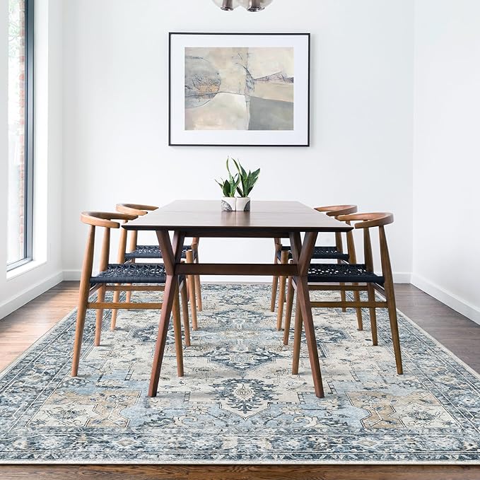 GENIMO 9x12 Area Rugs for Living Room, Machine Washable Non Slip Vintage Rugs, Low Pile Lightweight Chenille Print Rug for Bedroom, Dining Room, Home Office, Blue