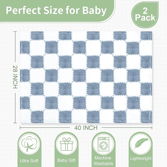 Checkered Baby Blanket for Boys, 2 Pack Soft Baby Boy Blankets, Small 28 x 40 inches Toddler Fleece Blanket, Essentials Crib Stroller Items, Newborn Gift (Blue)