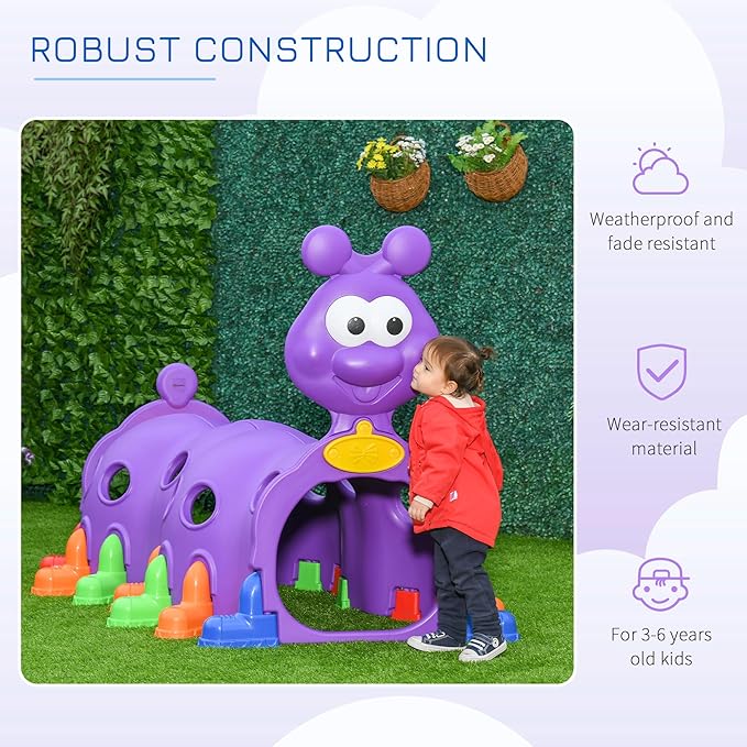 Qaba Caterpillar Tunnel, Toddler Tunnel for Kids Crawl and Climb Through, Kids' Play Structure Indoor Outdoor, 2 Sections, Purple