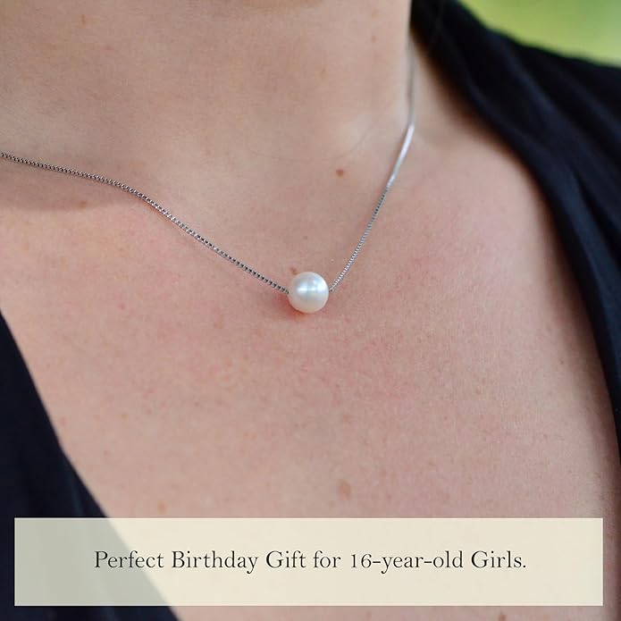 Birthday, Confirmation Gifts for Girls Sterling Silver Single Pearl Necklace Adjustable Length - Beautiful, Hypoallergenic Jewelry, Birthday Gift for Woman and Girls, Simple Pearl Necklace as gift for Her