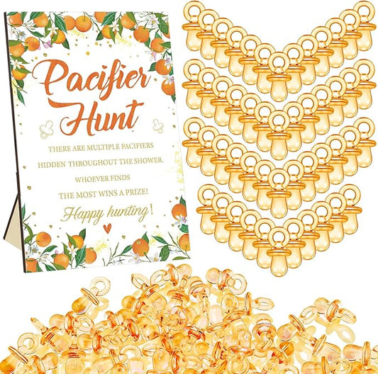 Thyle 51 Pcs Pacifier Hunt Baby Shower Games Include Hunt Sign and 50 Acrylic Pacifiers for Baby Shower Game Decoration Gift Sets Gender Reveal Party Decor(Orange)