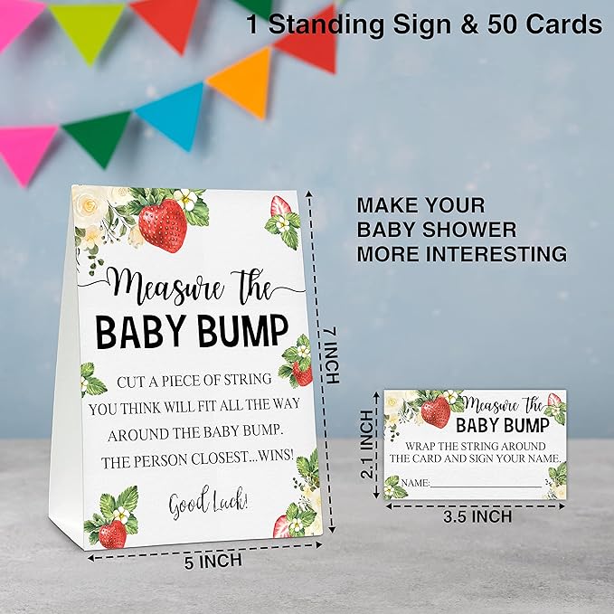 Measure the Baby Bump Baby Shower Game Set, 1 Standing Sign with 50 Guessing Cards, Strawberry Berry Gender Reveal Party Decorations Supplies - B34
