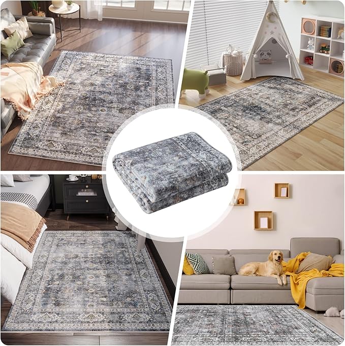 Bedroom Rug 3x5 Rug Washable Area Rug Non Slip Low Pile Small Carpet for Bedroom, Bedside, Kitchen, Entryway, Kids Room, Office, College Dorm Essentials for Girls(Grey and Brown)