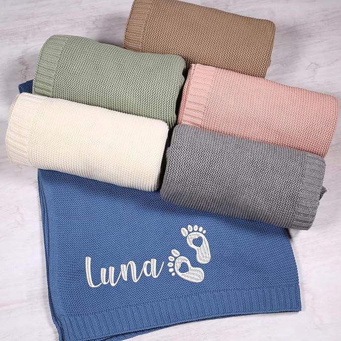Personalized Name Baby Blanket, Embroidered Name Baby Blanket, Soft Breathable Cotton Knit Blankets, Newborn Babys Gift, New Mom Gifts, Newborn Babys Girl & Boy Gift, Birthday Shower Gifts