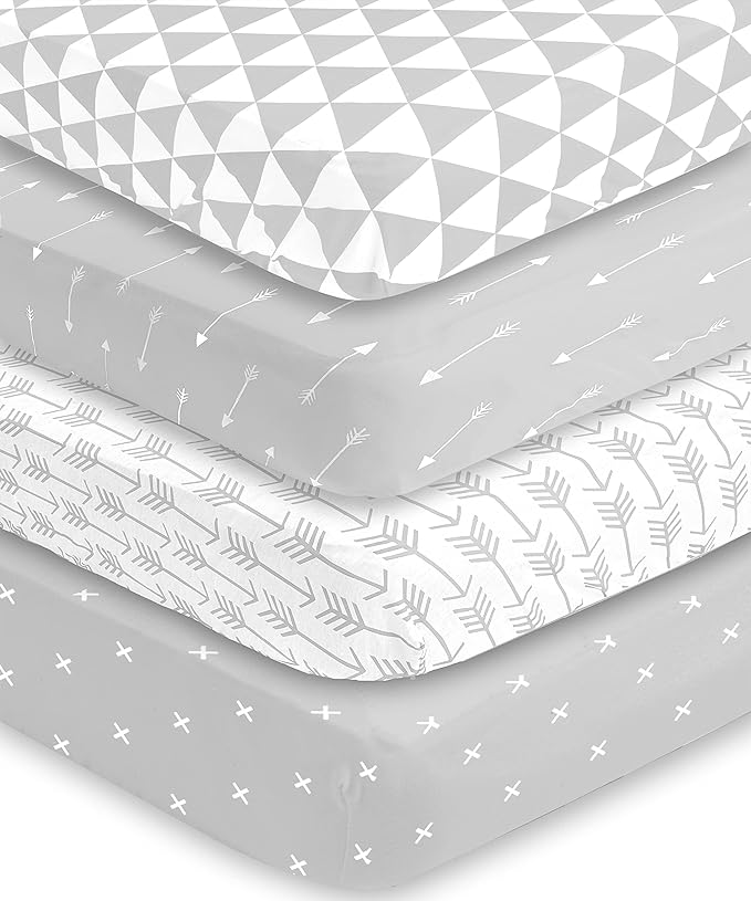 BaeBae Goods Crib Sheets for Baby Boys and Girls, 4 Pack, Soft and Breathable Jersey Knit Fitted Sheet Set, Cute Gender Neutral Nursery Mattress Bedding, Universal Fit (Grey Triangles)