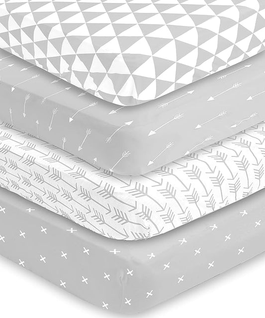 BaeBae Goods Crib Sheets for Baby Boys and Girls, 4 Pack, Soft and Breathable Jersey Knit Fitted Sheet Set, Cute Gender Neutral Nursery Mattress Bedding, Universal Fit (Grey Triangles)