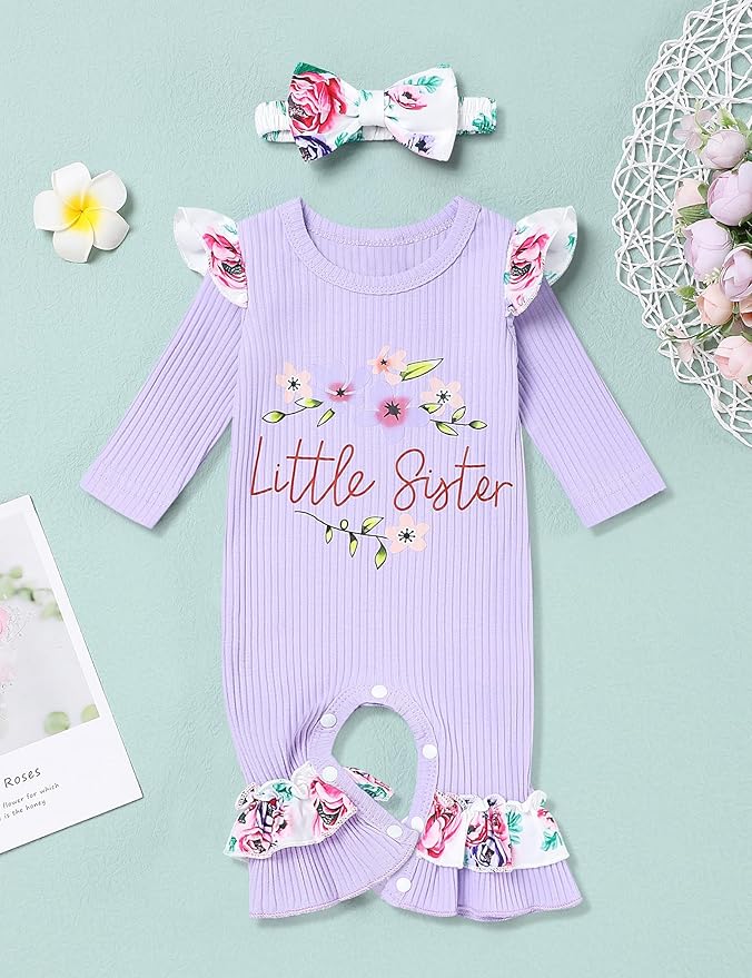 Baby Girl Clothes Patter&Letter Baby Girl Romper with Bow Hat&Headband and Gloves 4Pcs Baby Girl Coming Home Outfit