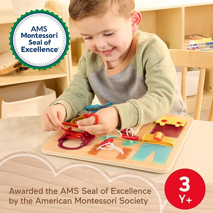 Fisher-Price Wood Montessori Toy Dressing Board, American Montessori Society Seal of Excellence, Early Life Skills Learning Busy Activity for Preschool Kids Ages 3+ Years (Amazon Exclusive)
