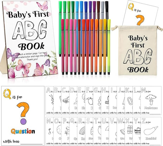 Geelin 51 Pcs Fun Baby Shower Game Activities First ABC Book Sign Coloring Game Card 26 Alphabet a to Z Coloring Card with 24 Watercolor Pen Storage Bag for Baby Shower Party(Butterfly)
