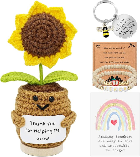 Lamyba Teacher Appreciation Gifts for Women,Handmade Positive Sunflower Crochet Doll, Inspirational Card, Keychains, Bracelet & Gift Box, Christmas/Valentines Day/Thank You Gifts for Teacher
