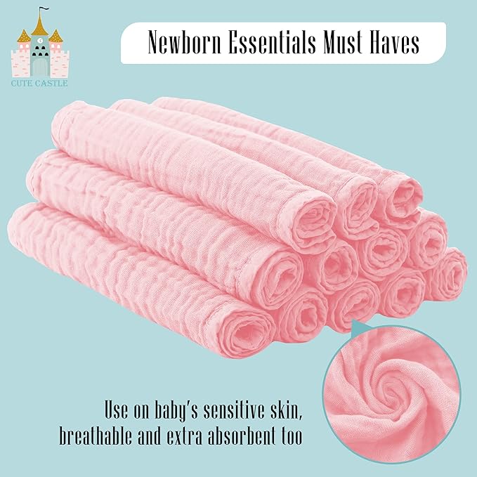 24 Pack Muslin Burp Cloths for Baby - Ultra-Soft 100% Cotton Baby Washcloths - Large 20'' by 10'' Super Absorbent Milk Spit Up Rags - Burpy Cloths for Unisex, Boy, Girl - Pink