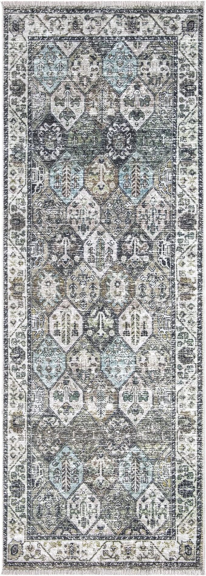 Bloom Rugs Caria Washable Non-Slip 10 ft Runner - Beige/Olive Traditional Runner for Entryway, Hallway, Bathroom, and Kitchen - Exact Size: 2'6" x 10'