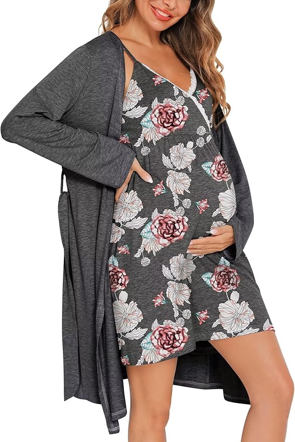 SWOMOG Womens Maternity Robe 2 Piece Nursing Nightgown for Breastfeeding 3 in 1 Labor Delivery Nursing Dress Lace Bathrobe