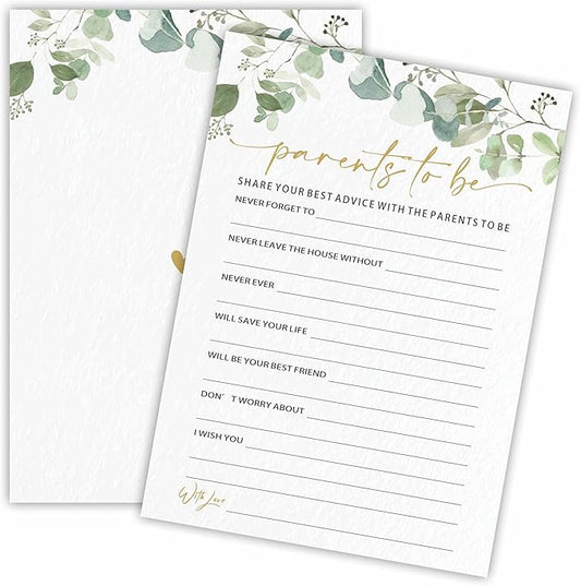 Parents To Be Advice Baby Shower Game Cards - Golden Greenery - 30 Double-Sided Fill In Style Game Cards For Gender Reveal, Baby Announcement, Party Games & Activity - D08