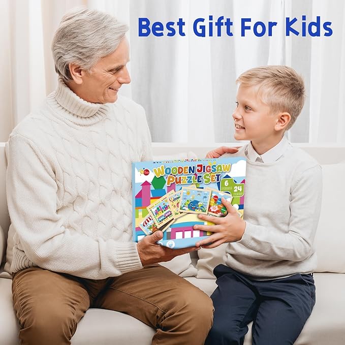 Wooden Puzzles for Kids, 6 Packs 24Pcs Wooden Number Shape Seasons Toddler Jigsaw Puzzles, Preschool Educational Learning Toys Gifts for Boys and Girls 2 3 4 5 6 Year Old