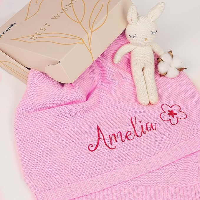 Personalized Baby Blanket with Embroidered Name, Custom Baby Blanket for Boys Girls, 30x40in Customized Baby Receiving Blankets, Personalized Christmas Birthday Boys Girls Newborn Gifts (Pink)