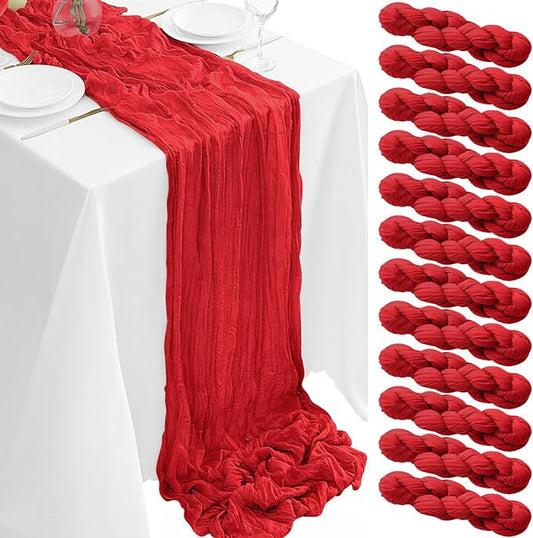 12Pack Red Table Runner 35 x 120 inch Cheesecloth Table Runner 10FT Boho Table Runners Rustic Gauze Cheese Cloth Table Runners for Party Wedding Birthday Dining Bridal Shower Baby Shower Decor