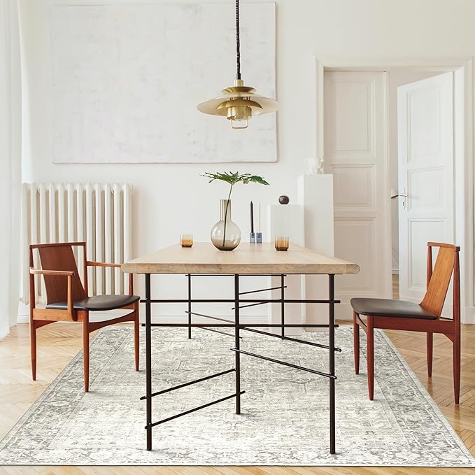 ReaLife Rugs Machine Washable Area Rug - Living Room Bedroom Bathroom Kitchen Entryway Office - Padded Low Pile Stain Resistant Premium - Boho Farmhouse Vintage - Lyle - Beige Ivory 4' x 6'