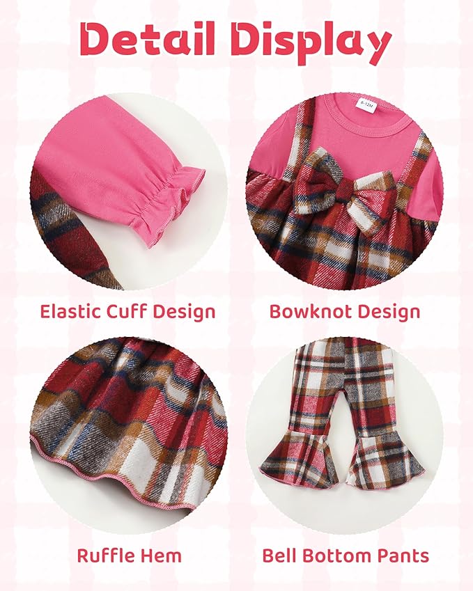 Kucnuzki Toddler Baby Girl Clothes Outfit Long Sleeve Plaid T Shirt Top Flare Leggings Pants 2 Piece Outfit Kids Clothes