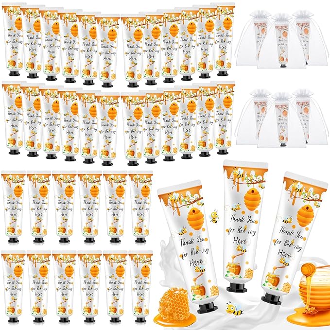 48 Sets Baby Shower Hand Cream Bulk Bee Honey Baby Shower Favors Bridal Thank You Hand Cream for Guests Travel Size Lotion with Organza Bags