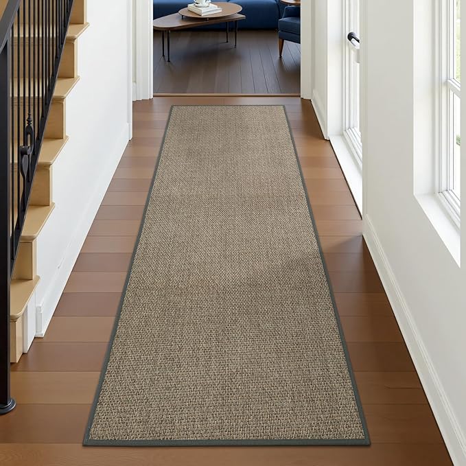 Wonnitar Farmhouse 2x6 Hallway Runner Rug Non Slip Rubber Backed Kitchen Runner, Washable Neutral Absorbent Braided Rugs Carpet Runner for Bedroom Kitchen Bathroom Hallway(Grey/Khaki,2'x6')