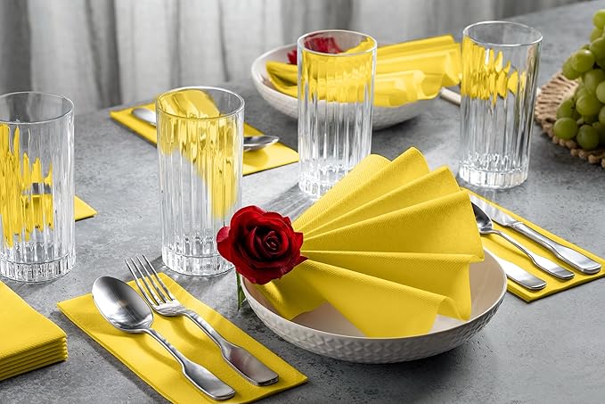 Linen-Feel Ywllow Paper Napkins - Decortive Cloth-Like Disposable Dinner Napkins - Soft And Absorbent Napkins for Thanksgiving, Party, Wedding, Bathroom Or Any Occasion. (Pack of 100)