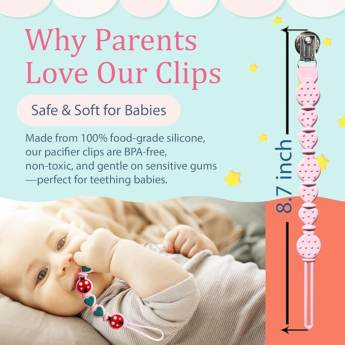 Silicone Pacifier Clips for Boys & Girls – Personalized Pacifier Holder;Neutral & Cute Pacifier Clips for Babies;Teething, Soothies – BPA-Free, Durable & Soft (Pink)