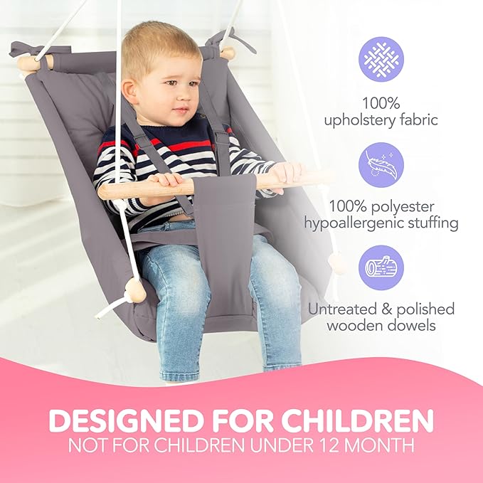 CaTeam Canvas Toddler Swing – Indoor/Outdoor Hanging Chair for Patio & Playroom with Safety Belt – Wooden Baby Seat for Ages 12+ Months – Dark Gray