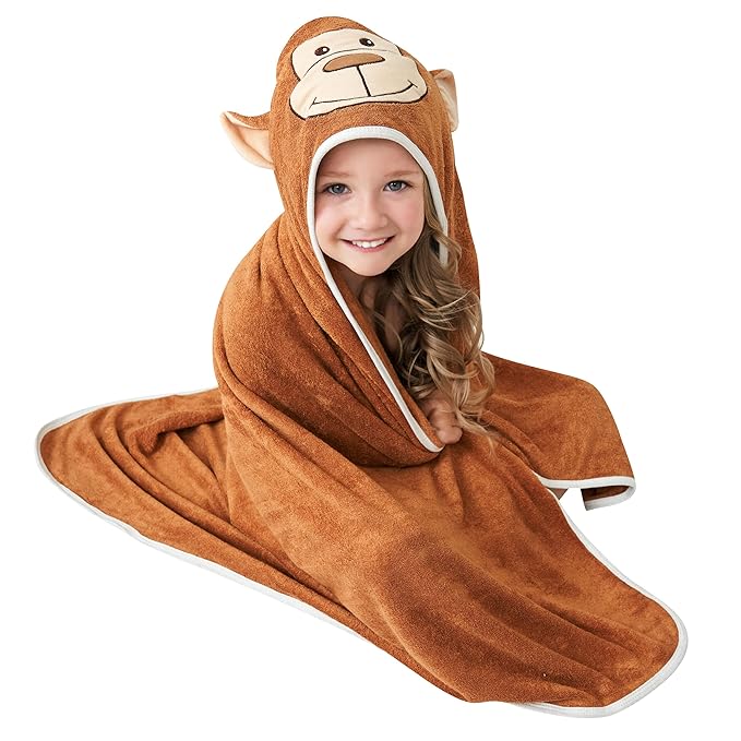 HIPHOP PANDA Hooded Towel - Rayon Made from Bamboo, Bath Towel with Bear Ears for Newborn, Babie, Toddler, Infant - Absorbent Large Baby Towel - Monkey, 37.5 x 37.5 Inch