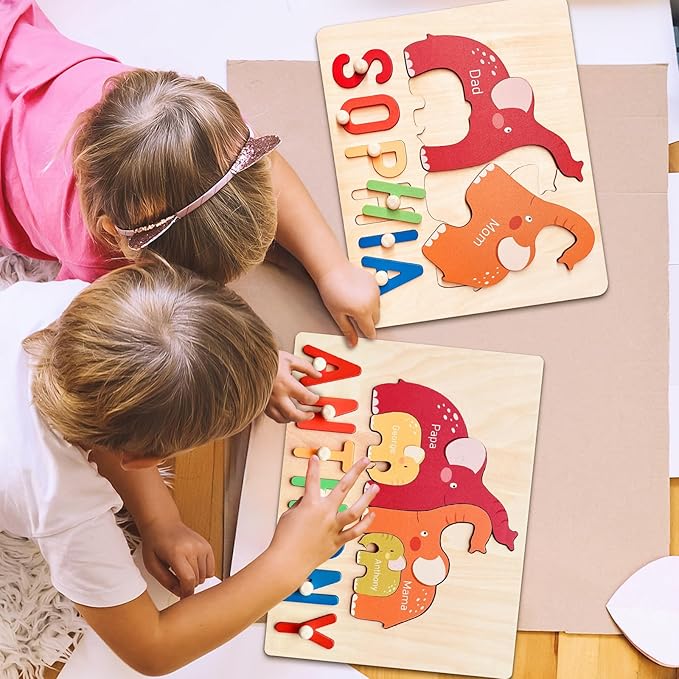 Name Puzzles for Toddlers 1-3, Personalized Name Puzzle with Elephant Family Wooden Puzzle for Toddlers 1-3, First Birthday Gifts for Boys Girls, Personalized Gifts for Mom Dad Kids, Baby Learning Toy