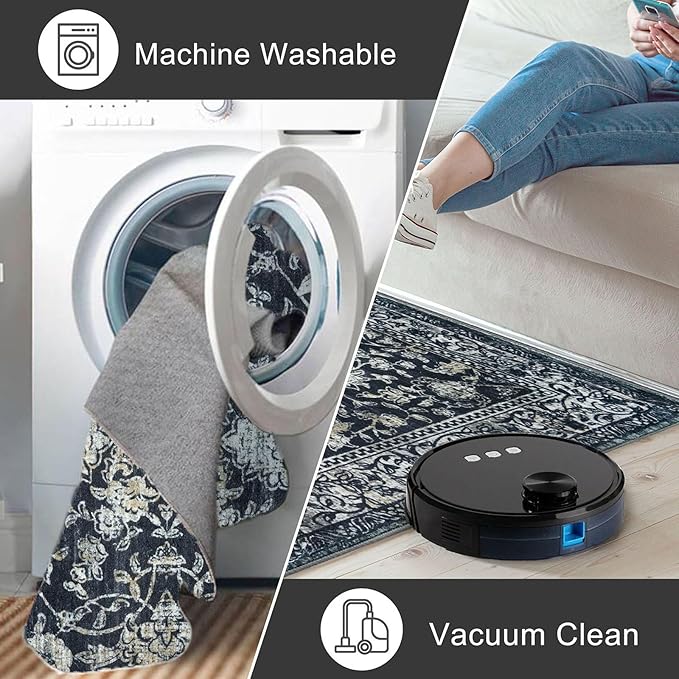 KILOCOCO Hallway Runner 3x12 Rug Runner Printed Vintage Floral Washable Non-Slip Rubber Backed Runners for Hallways Kitchen Laundry Room Entryway Bedroom, Charcoal