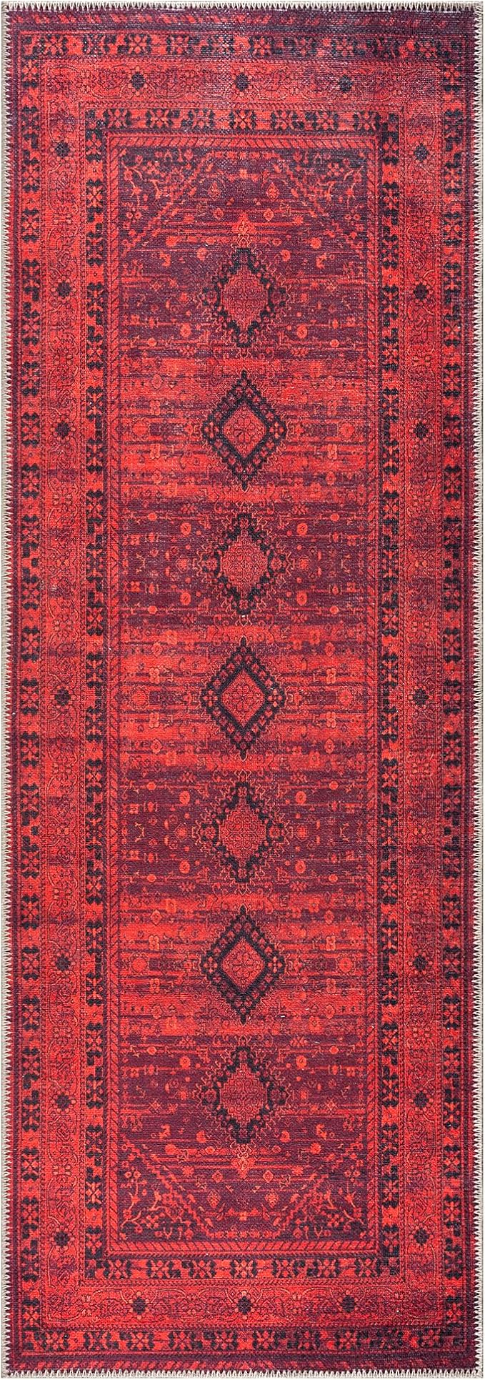 Bloom Rugs Washable Non-Slip 7 ft Runner - Red Traditional Bordered Runner for Entryway, Hallway, Bathroom, and Kitchen - Exact Size: 2.5' x 7'