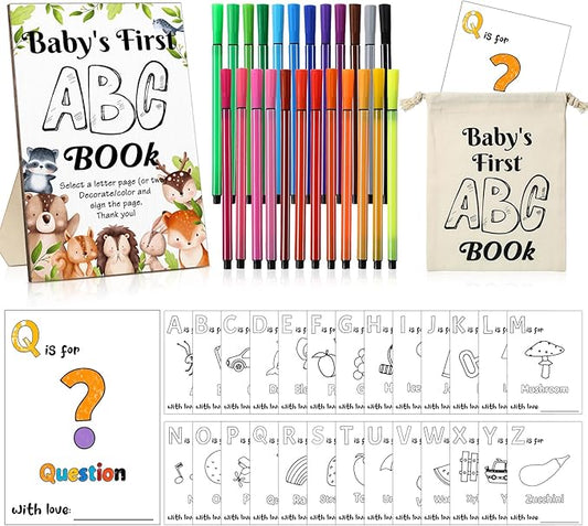 Geelin 51 Pcs Fun Baby Shower Game Activities First Abc Book Sign Coloring Game Card 26 Alphabet a to Z Coloring Card with 24 Watercolor Pen Storage Bag for Baby Shower Party(Woodland)