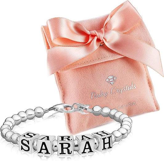 Sterling Silver Initial Bracelet, Silver Beads and Alphabet letters with your Name, Birthday Girl Bracelets for Girls Baptism Gifts, Personalized Birthday Gifts