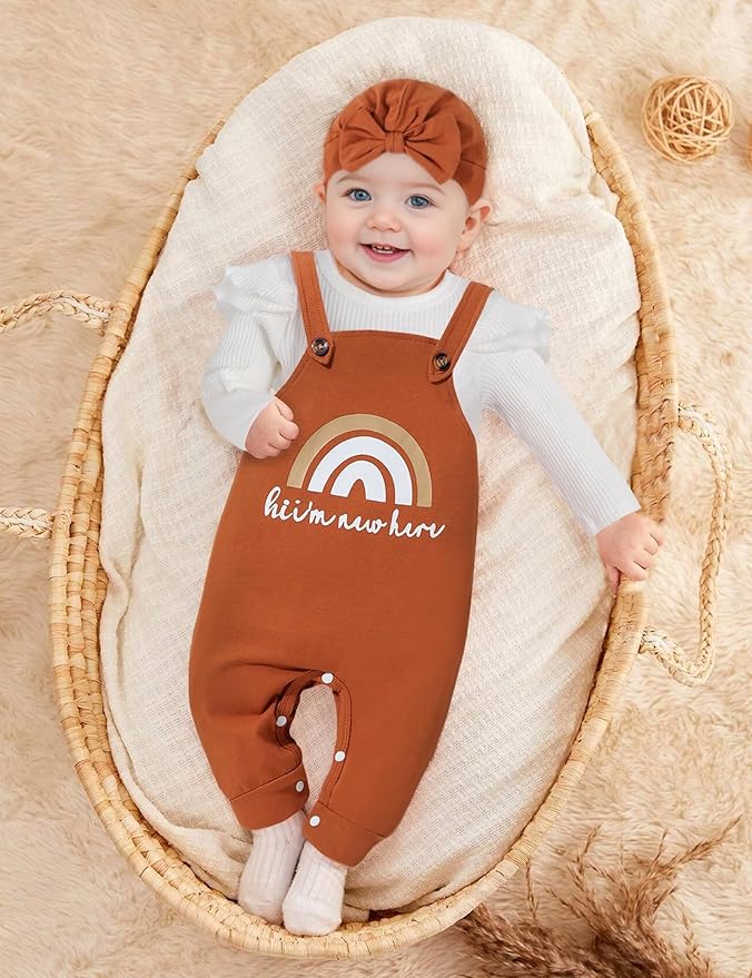 Baby Girl Clothes Patter&Letter Baby Girl Romper with Bow Hat&Headband and Gloves 4Pcs Baby Girl Coming Home Outfit