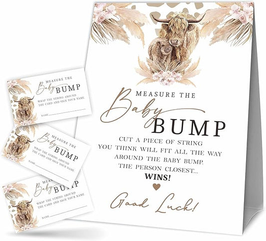 Baby Shower Measure The Baby Bump Game Kit - Boho Holy Cow - 1 Self-Standing Sign & 50 Tickets - How Big Is Mommy's Belly Sign - Gender Reveal Games, Baby Announcement Party Favor & Decorations - A10