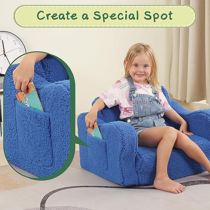 Kids Chairs for Toddler, 2-in-1 Toddler Soft Sherpa Couch Fold Out, Convertible Sofa to Lounger for Girls and Boys, Sky Blue