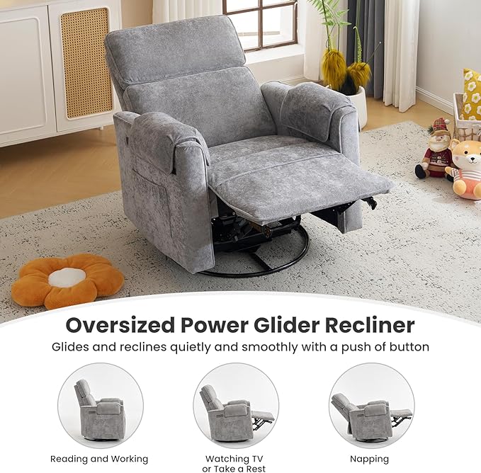 Oversized Power Recliner Chair Swivel Glider with Adjustable Headrest, Swivel Rocking Recliner Chair for Adults, 26" Extra Wide Glider Nursery Chair with Overstuffed Armrest, USB Ports, Grey