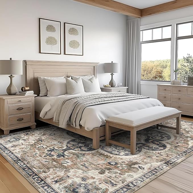 ReaLife Rugs Machine Washable Area Rug - Living Room Bedroom Bathroom Kitchen Entryway Office - Non Slip Low Pile Stain Resistant Premium - Boho Farmhouse Vintage - Joy - Brown Beige 6' Round