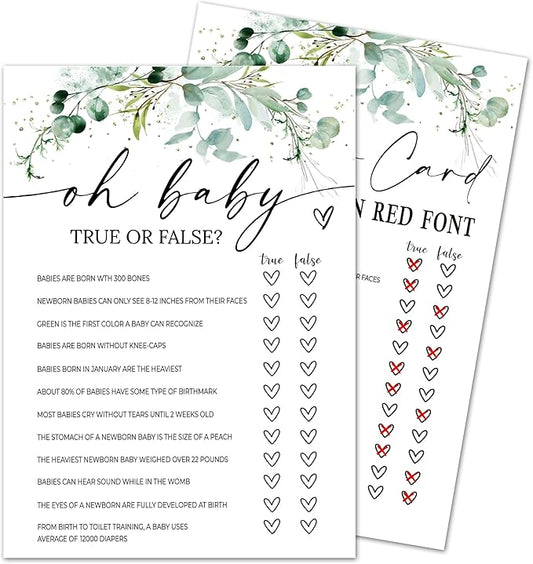 Greenery Baby Shower Game Cards - Set of 30 True Or False Game - Double Sided Print Baby Announcement Gender Reveal Card for Parents to Be - Baby Shower Party Activities Supplies - A05