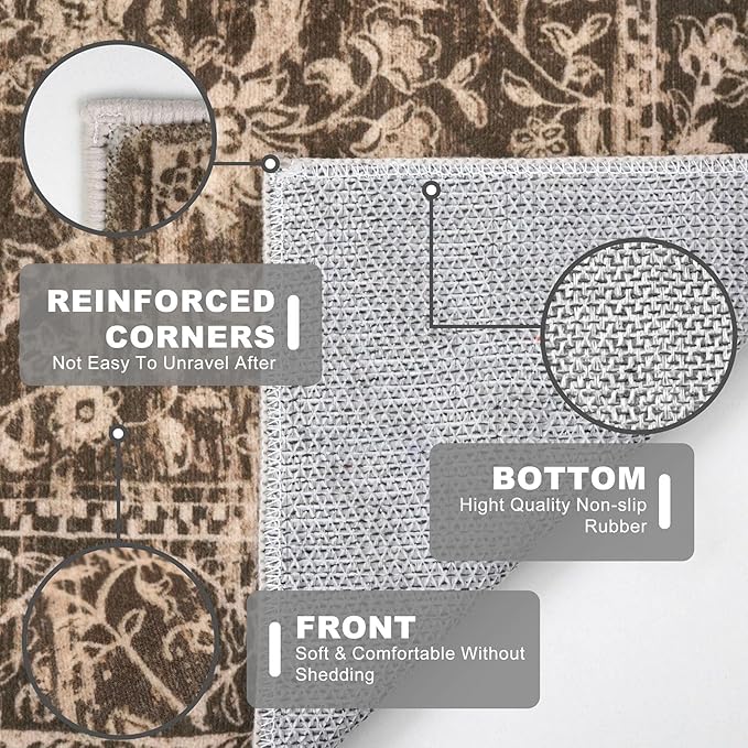 KILOCOCO Hallway Runner 2x6 Rug Runner Printed Vintage Floral Washable Kitchen Runners Non-Slip Rubber Backed Runners for Hallways Laundry Room Distressed Boho Rugs for Entryway Bedroom, Rust Red