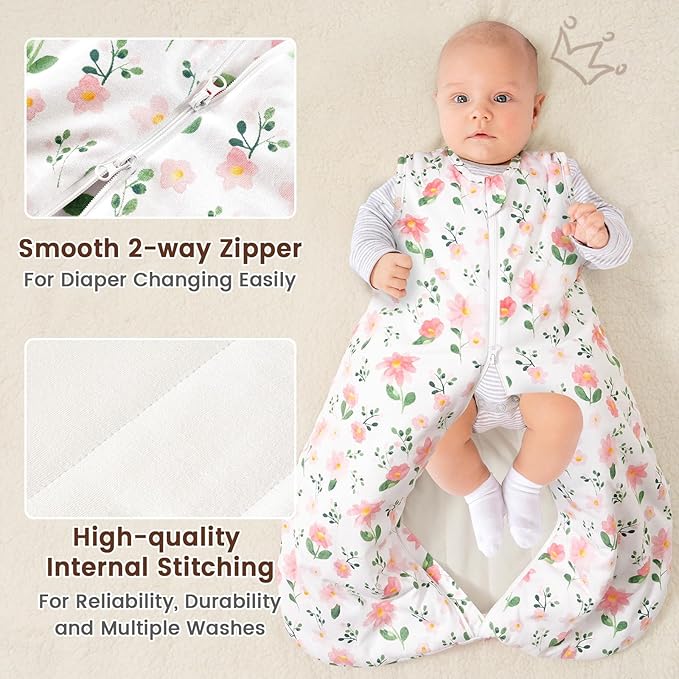 PHF 100% Cotton Baby Sleep Sack 6-12 Months, 2.5 TOG Winter Baby Wearable Blanket with 2-Way Zipper, Warm Comfy Quilted Sleeping Bags, Infant Sleeping Sack for Newborn Girls, Medium Size, Floral