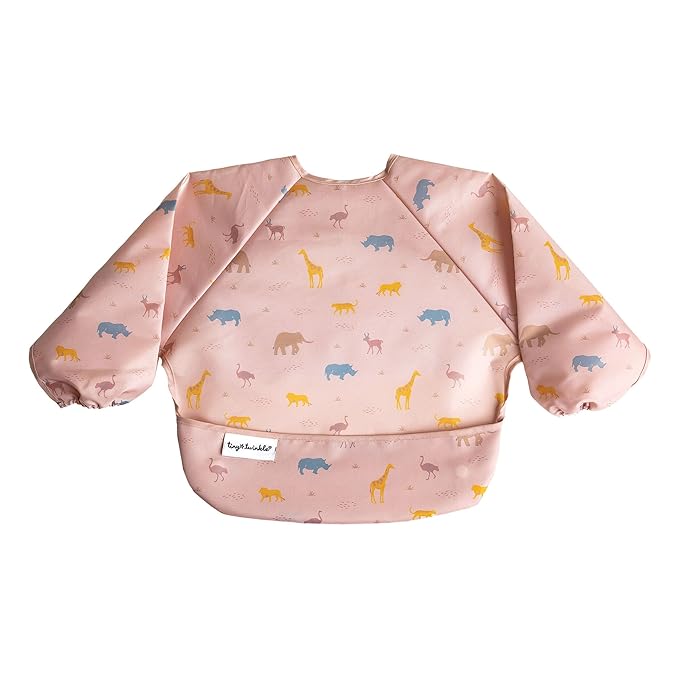 Tiny Twinkle Mess Proof Baby Bib,Waterproof Smock Baby Bib for Eating,Machine Washable Long Sleeve Bib,Baby Led Weaning,Toddler Bib,BLW Supplies(Petite Safari, Large 2-4 Years)