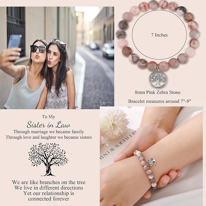 QWNHONEY Mothers Day Gift for Grandma Mom Mother in Law Sister in Law Bonus mom Granny Nana Valentine's Day Birthday Anniversary Pink Red Natural Stone Tree of Life Bracelet