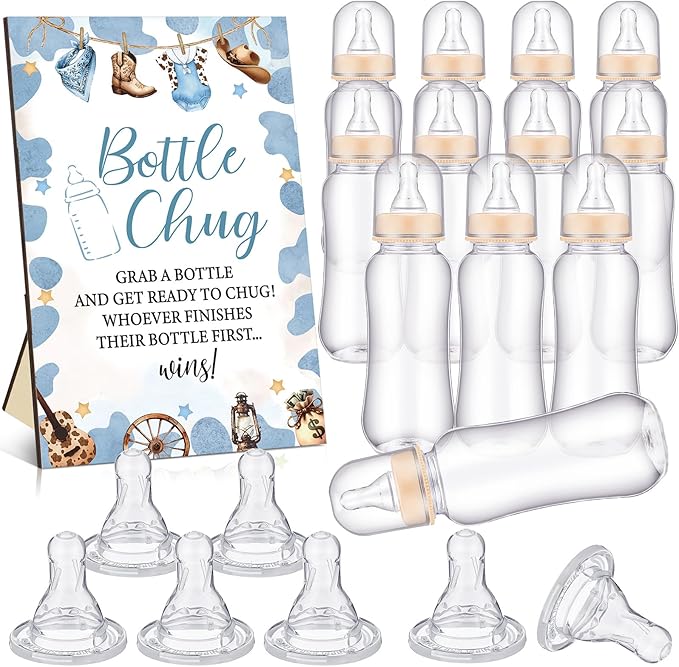 TrelaCo Cool Baby Shower Games Bottle Chug Sign and 12 Pcs Baby Bottle Shower Favor for Games Gender Reveal(Blue,Little Cowboy)